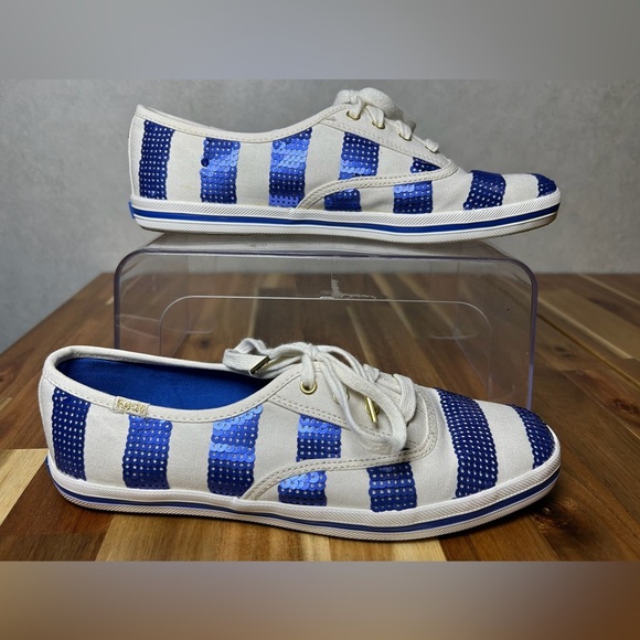 Keds x kate spade Collab Blue White Sequin Striped Lace Up Canvas Sneakers Sz 8 - Picture 2 of 10